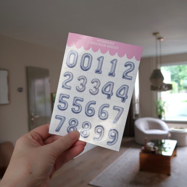 Stickervel met stickers van zilveren cijfer ballonnen.