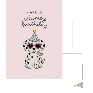 Productafbeelding van een ansichtkaart voor een verjaardag met illustraties van een hondje met een verjaardagshoedje.