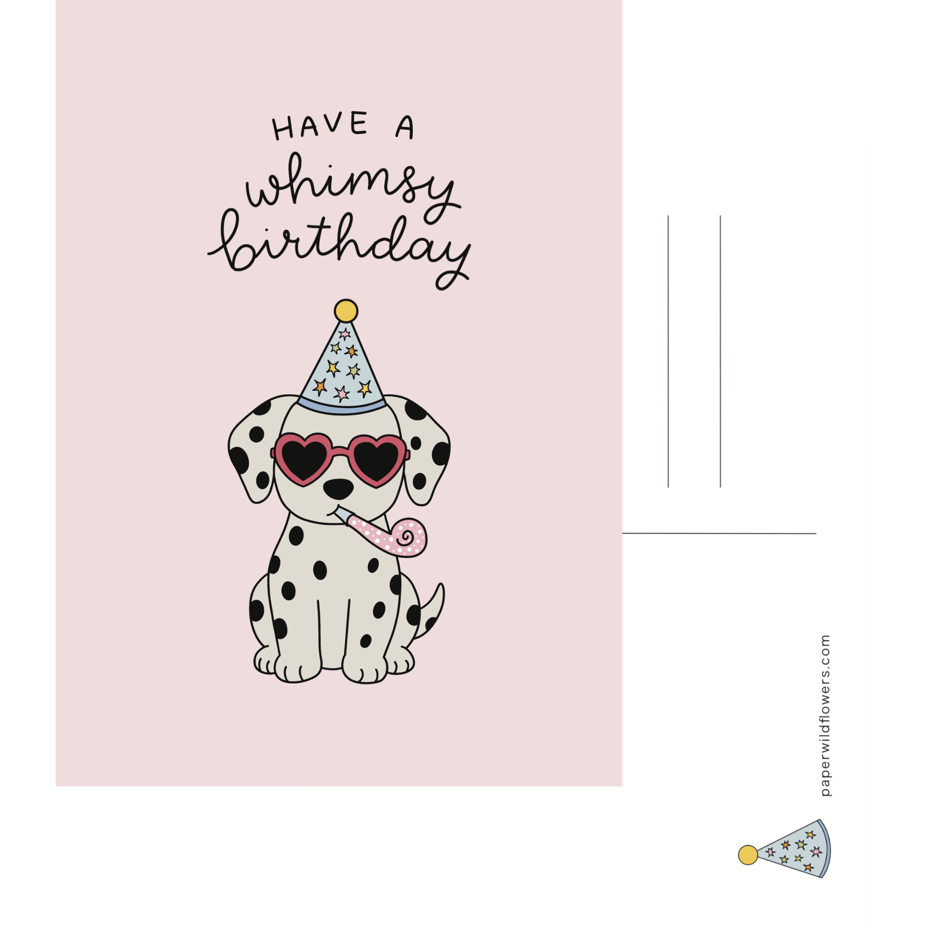 Productafbeelding van een ansichtkaart voor een verjaardag met illustraties van een hondje met een verjaardagshoedje.